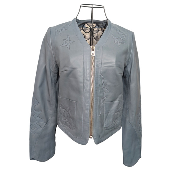 Zadig & Voltaire Vencia Patch Cloud Blue Lamb Leather Western Cropped Jacket XS - Picture 6 of 15